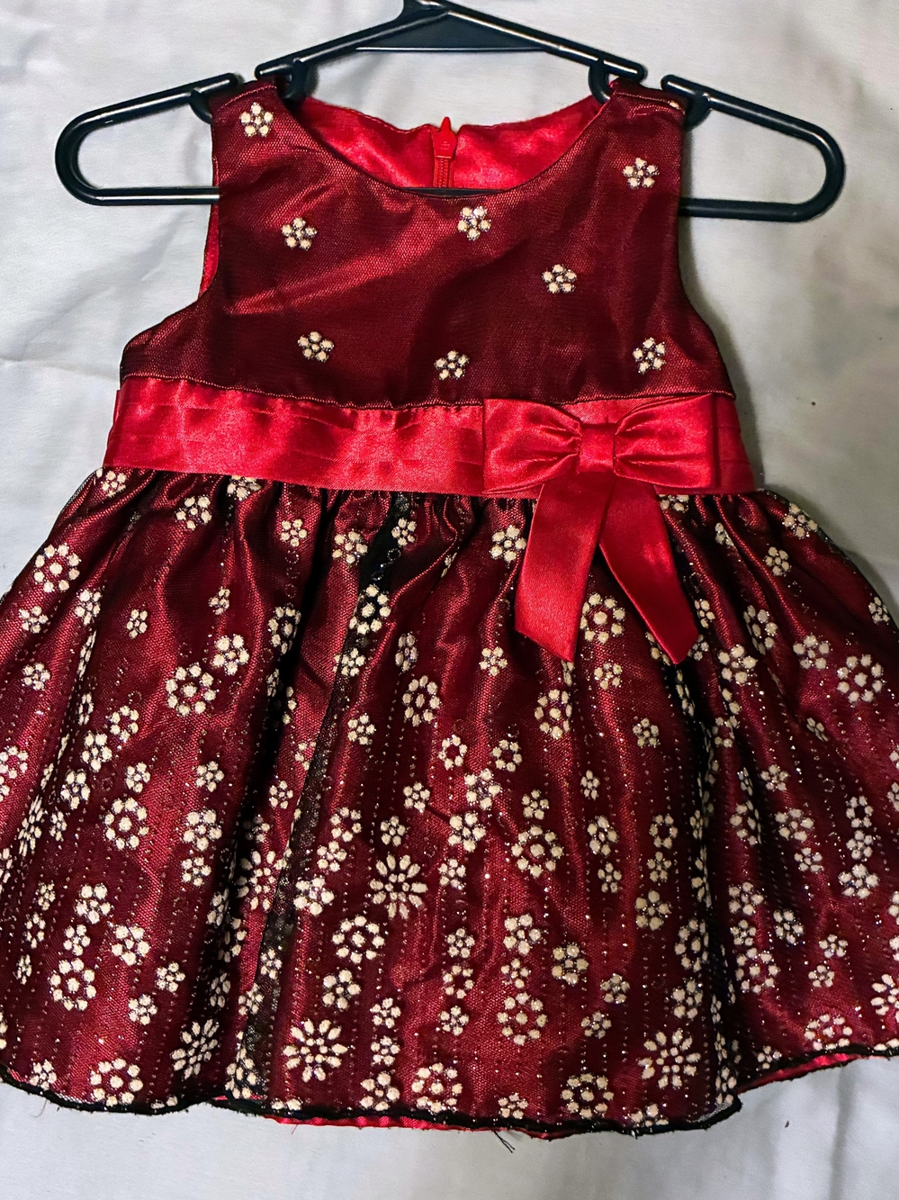 Red Satin Party Dress with Glitter Floral Accents - Size 12 Months